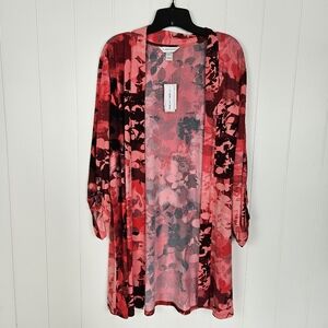 New XL Christopher & Banks Pink Red Floral Cardigan Long Open Stretch Office